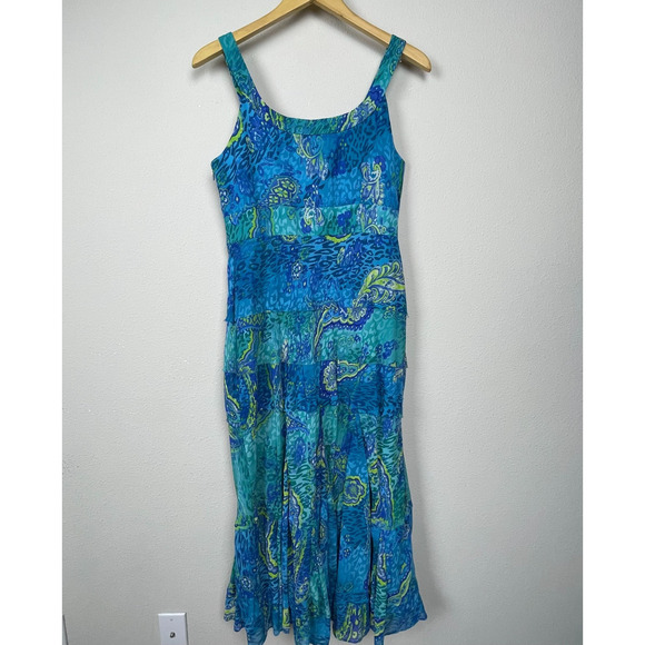 Jones New York Maxi Dress 10 Blue Green Paisley Y2K Babydoll Sleeveless - Picture 3 of 8